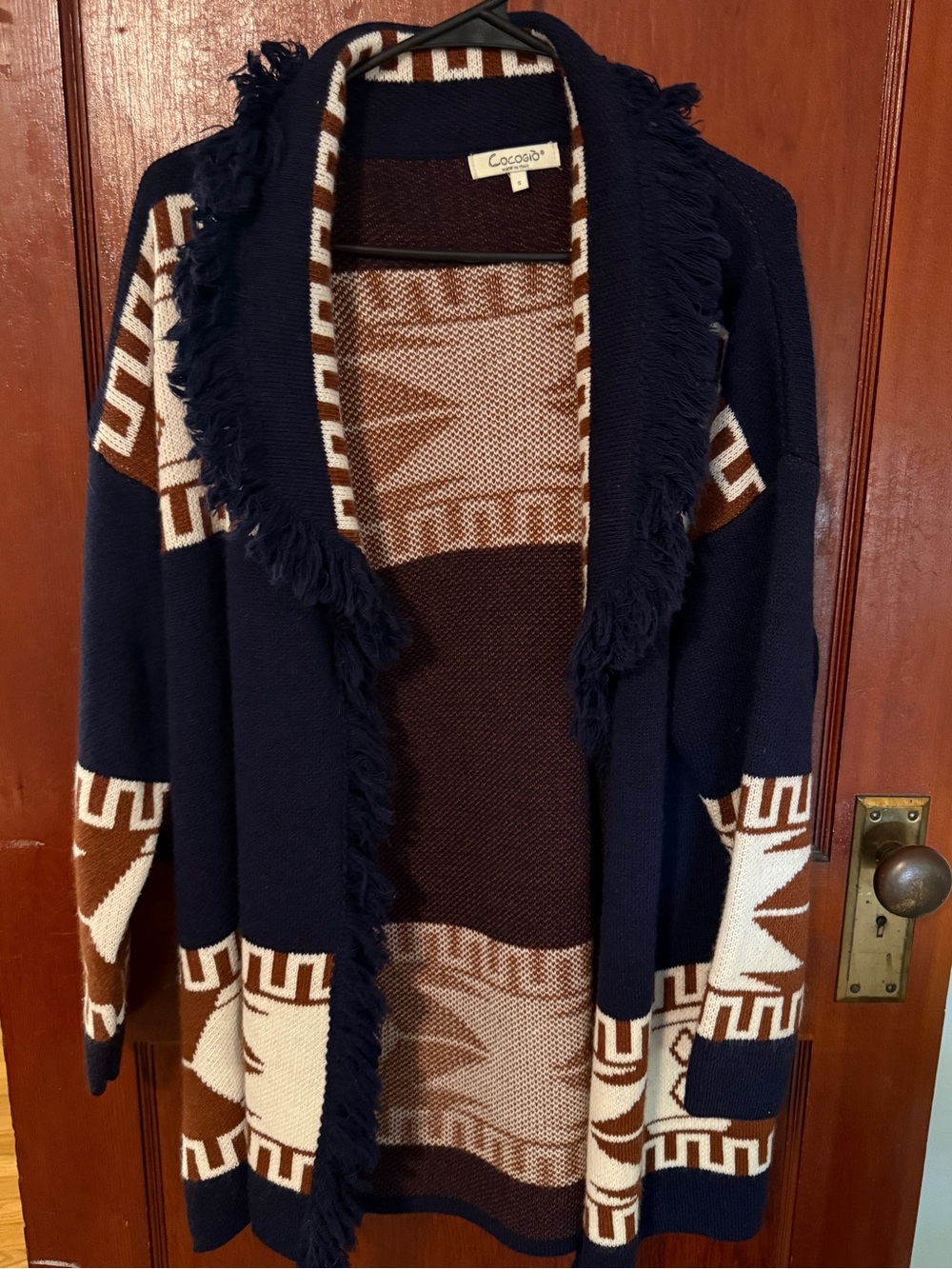 Cocogio Navy Fringe-Trim Geometric Open Cardigan